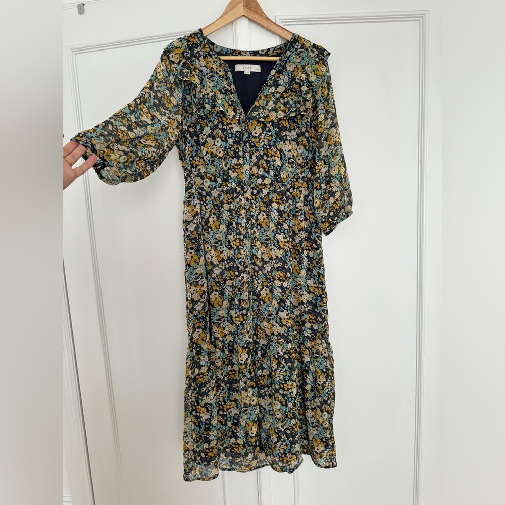 LOFT tiered floral dress with sheer sleeves